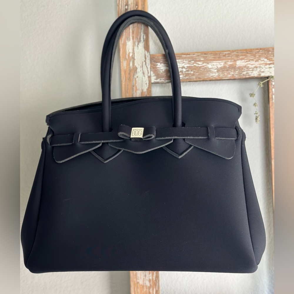 Save My Bag neoprene black fabric handbag.